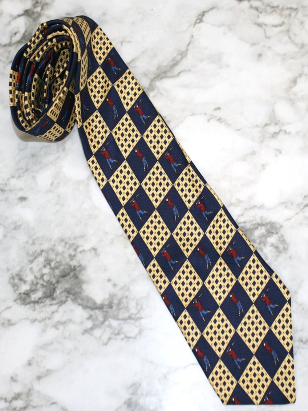 VINTAGE TOMMY HILFIGER Necktie Checkerboard Plaid Golf Blue Gold Silk Neck Tie